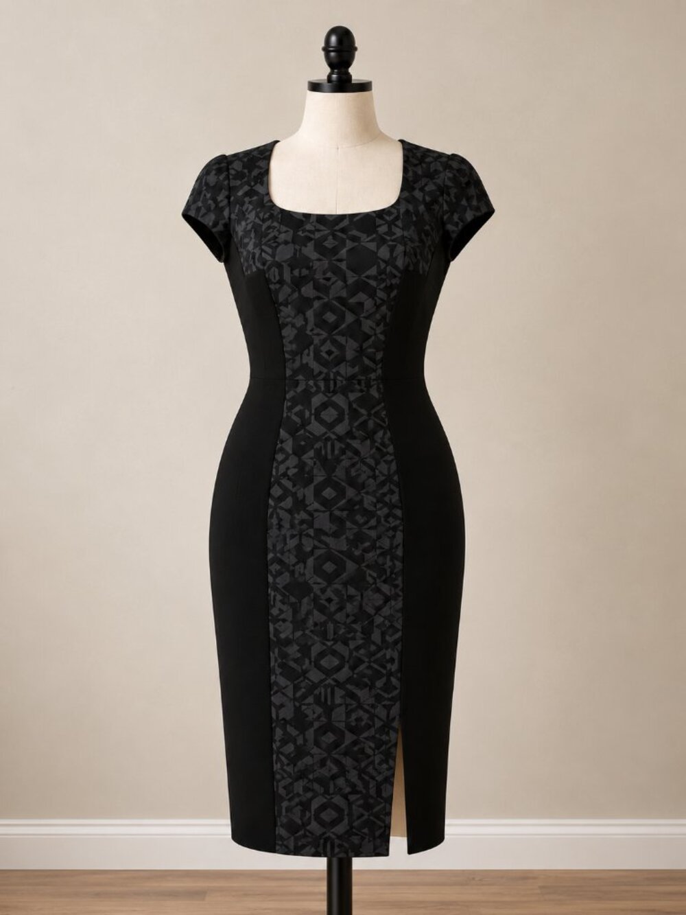 Theia Black Geometric Jacquard Black Cocktail Dress Size 4 Cut Out Cap Sleeve
